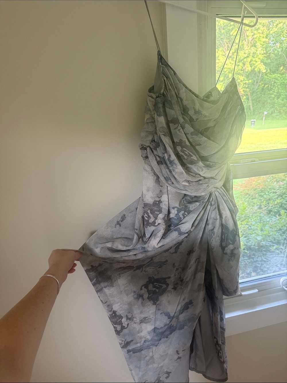 PrettyLittleThing Gray Marble Draped Satin Slip Dress